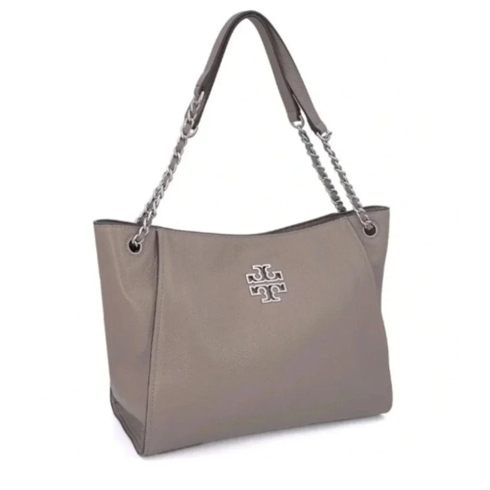 Tory Burch Britten Triple Compartment Tote Bag French Gray Pebbled Leather Chain